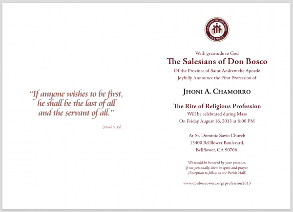 Card Invitation First Religious Profession